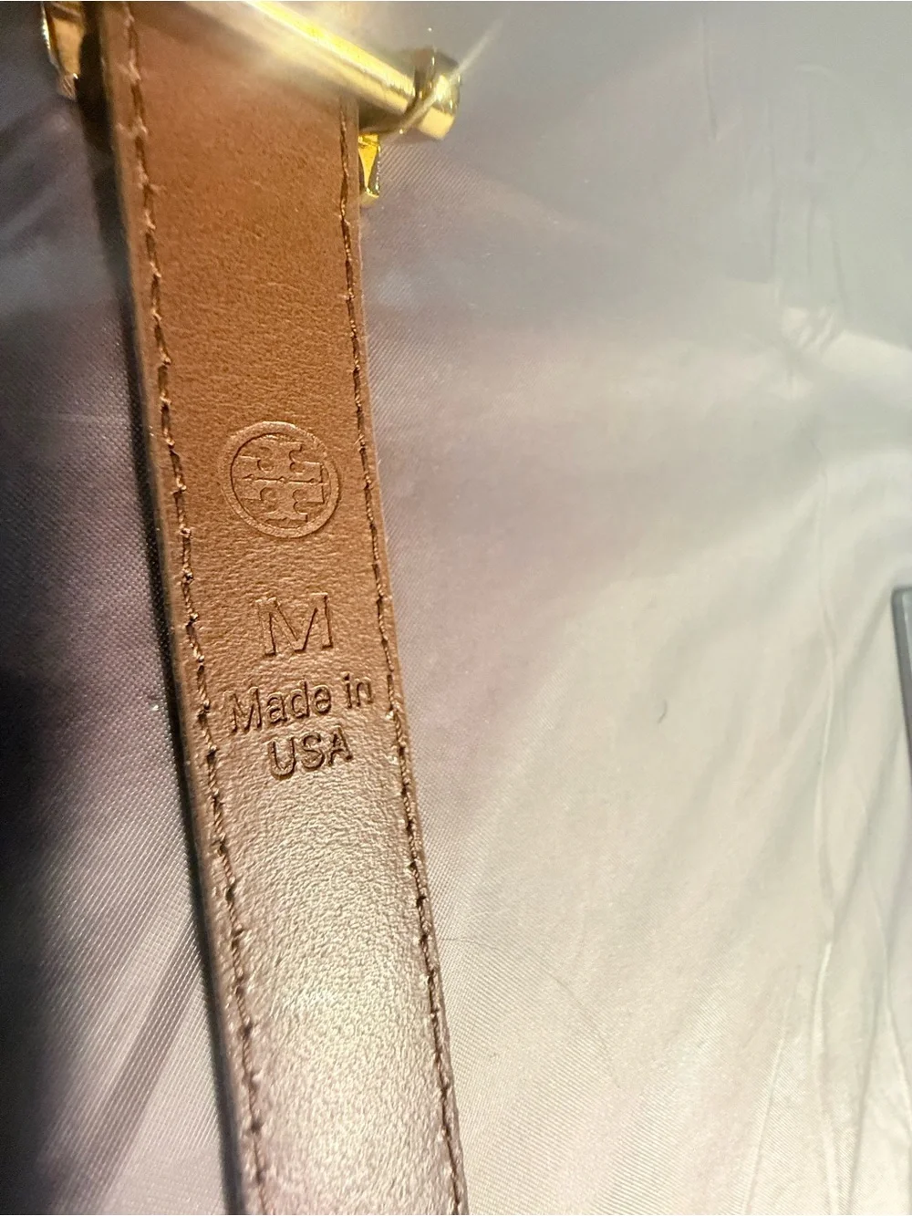 Tory Burch Tan Leather Skinny .5” Logo Belt with Gold Hardware Size Medium